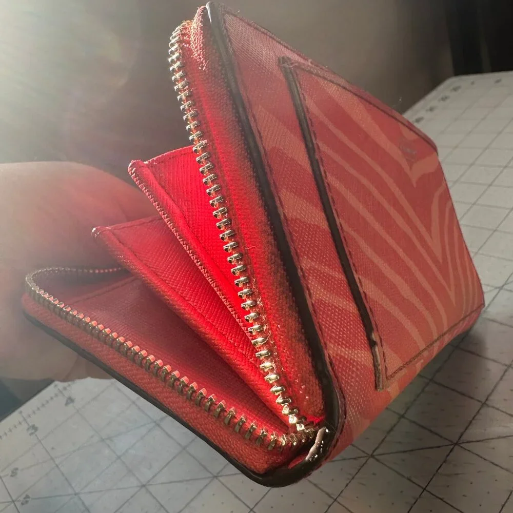 Coach Zebra Animal Print Wallet Coral Color Accordian Zip Around - Picture 8 of 8